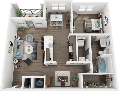 A top-down view of a modern apartment layout with a kitchen, living room, and bedrooms.